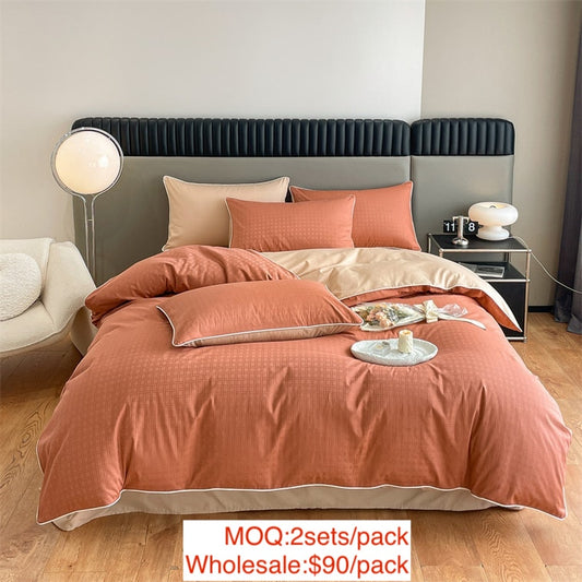 BECWARELuxury 80 High-density Cotton Four-piece Bedding Set Double Block Color Jacquard Quilt Cover 200X230CM 8styles choice 2sets/pack