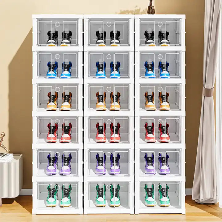 BECWARE Installation-free 6 Layers Plastic Collapsible Shoe Rack Organizer Cabinet Transparent Display Bins Boots Sneaker Rack
